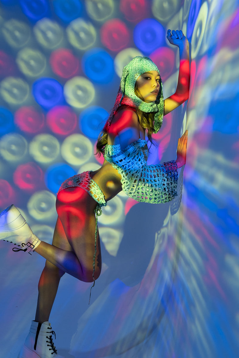 Blue floral crochet bikini bottoms styled for festival wear