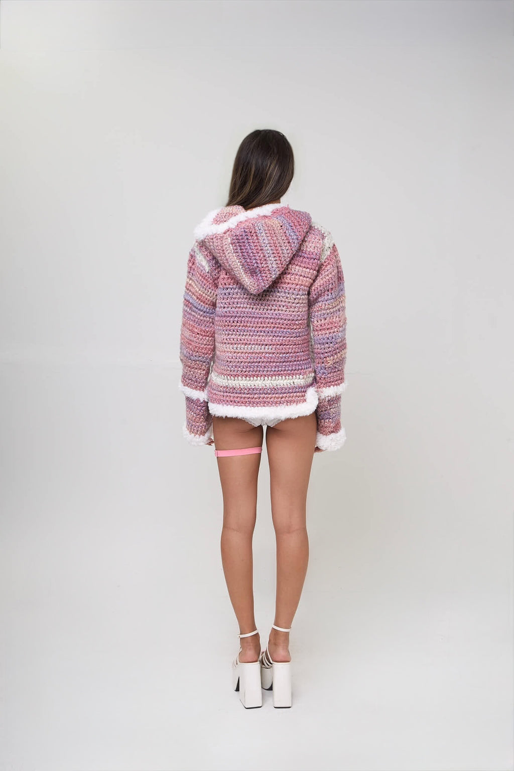 Back view of handmade crochet Cloud 9 hoodie