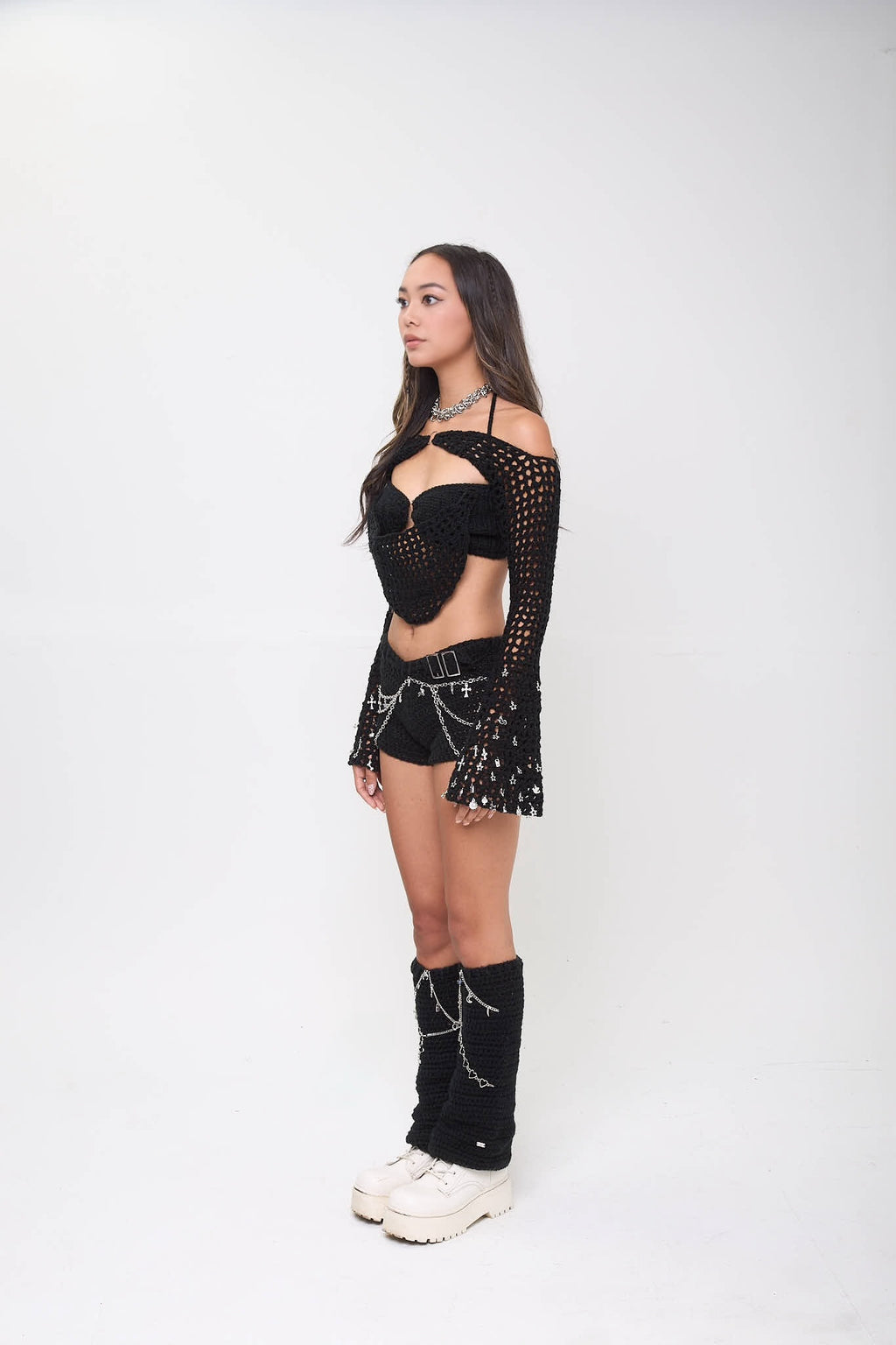 Full body view of the Not My First Rodeo crochet top styled with matching rodeo pieces