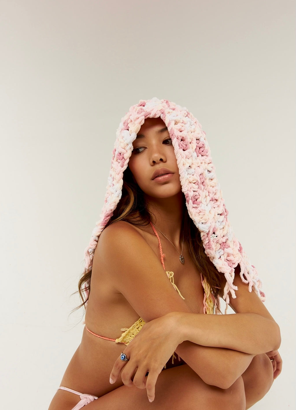 Soft pink crochet hood headpiece with fringe trim