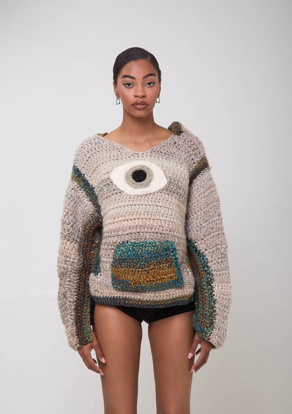 Front view of handmade crochet See No Evil hoodie