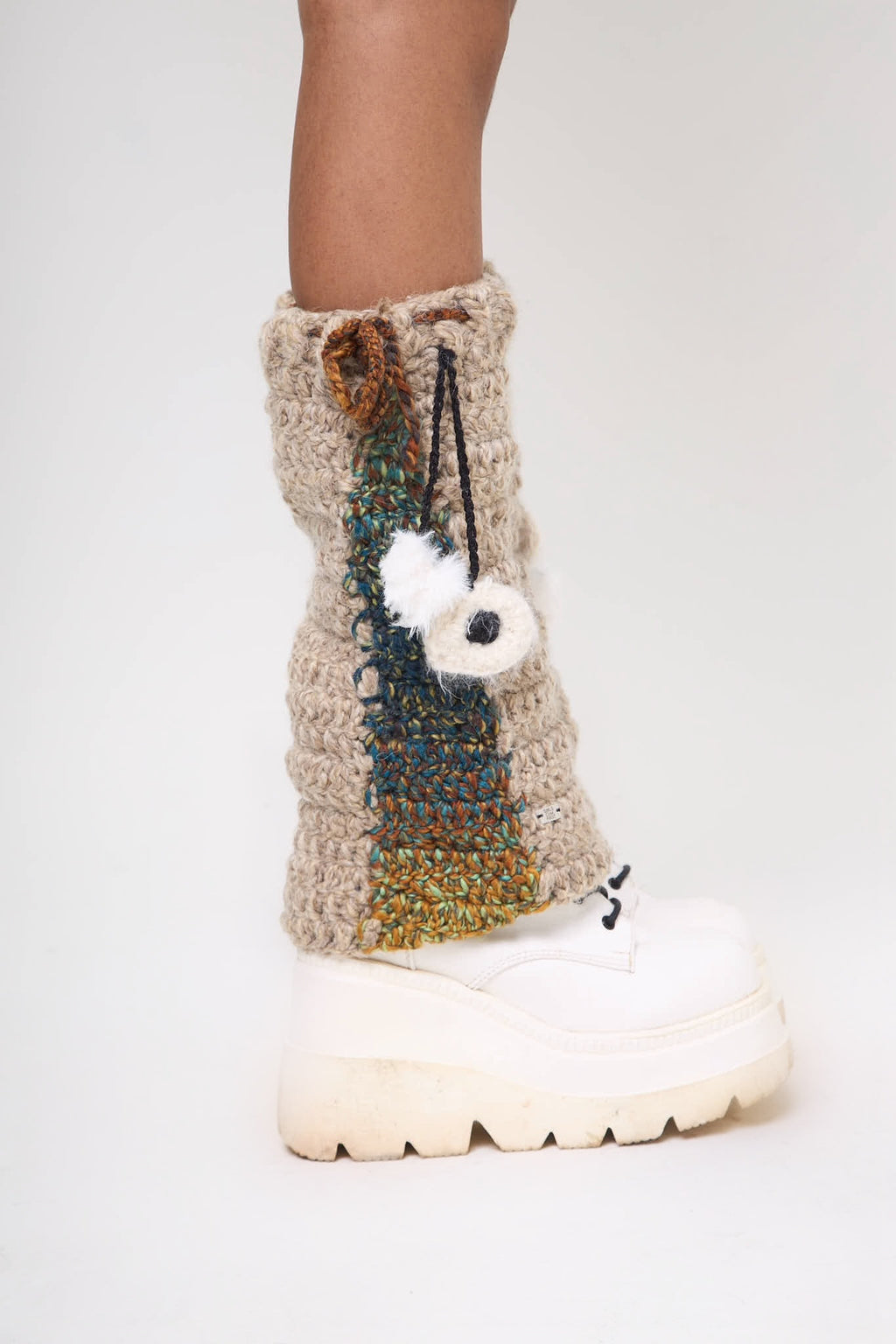 Side view of handmade crochet leg warmers