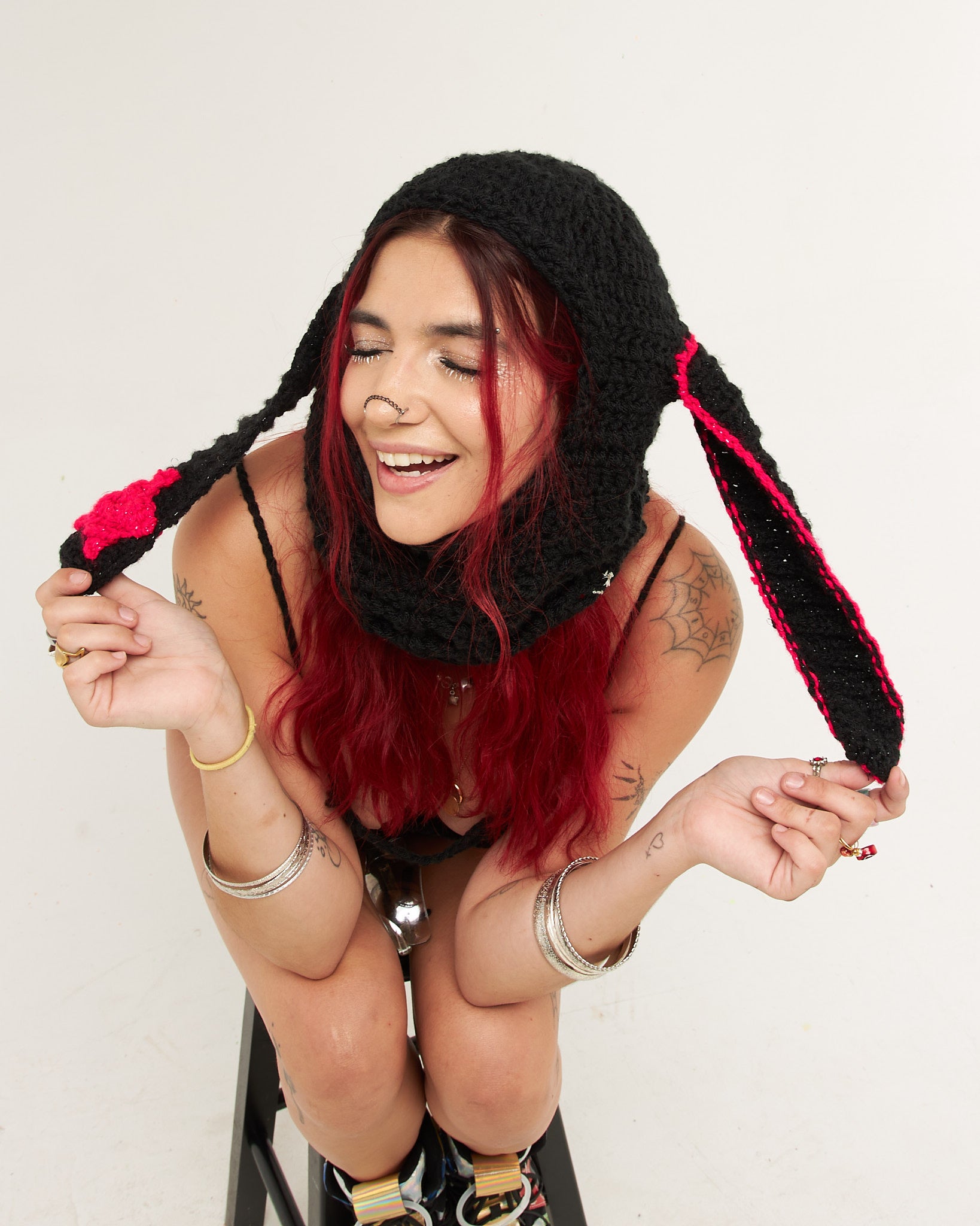 Black crochet balaclava with hot pink star detail