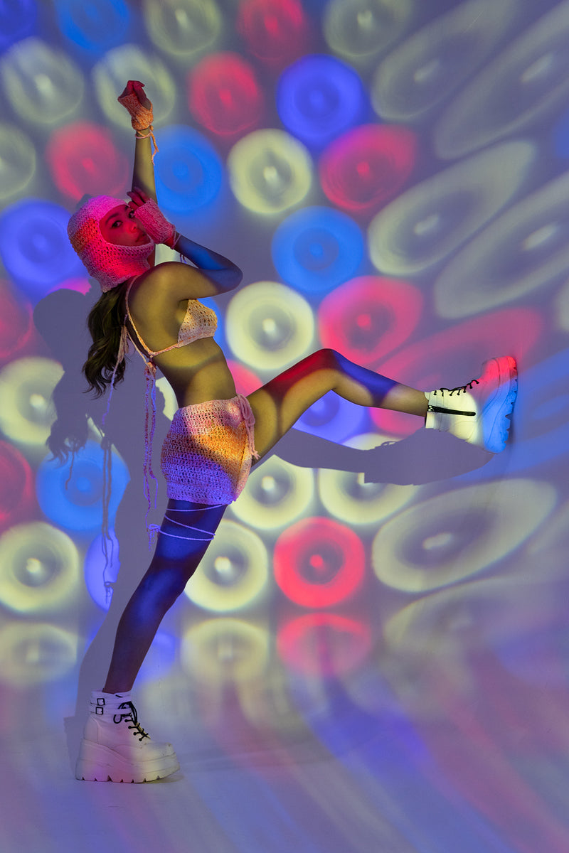 Sunset ombré crochet wrap skirt styled for rave and festival wear