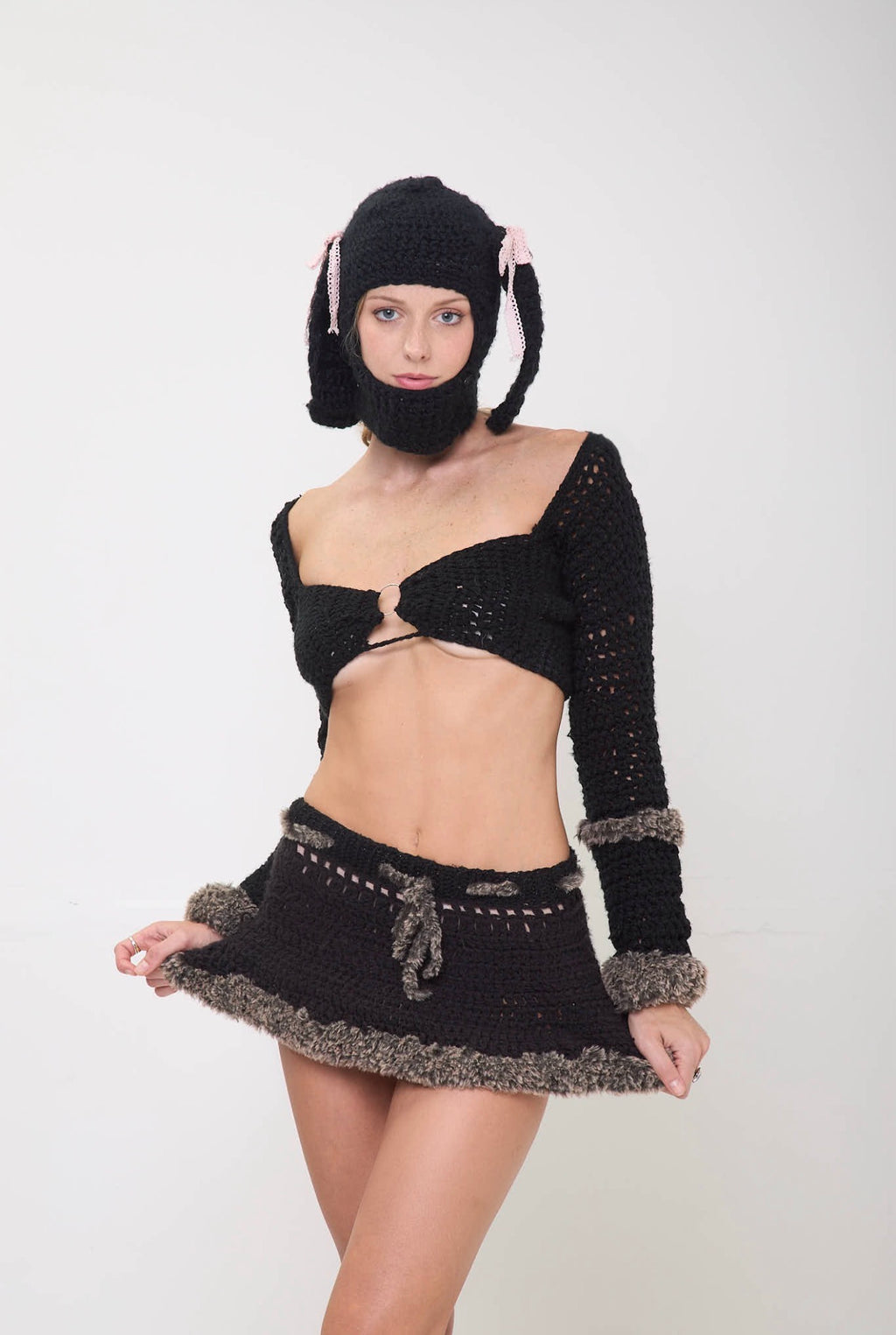 Model wearing the Sweetie Bunny balaclava with bunny ear details on a white background