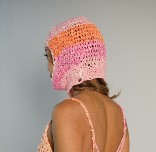 Back view of sunset ombré crochet balaclava