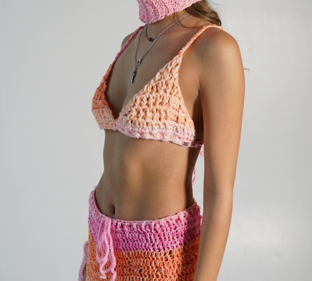 Back detail of sunset ombré crochet open back top